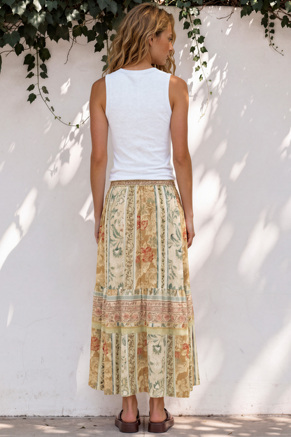 Zia Maxi Skirt - High Waisted Skirt with Tassel Waist Tie and Front Splits in Lyla Print
