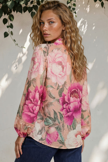 Diandra Blouse - Lace Trim Mandarin Collar Button Down with Balloon Sleeves in Tiana Print Pink