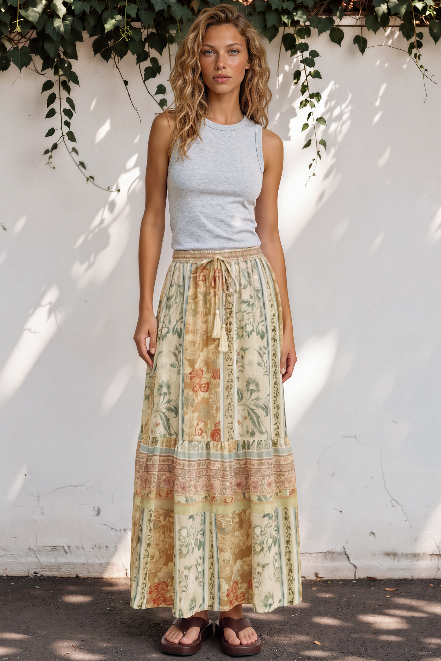 Zia Maxi Skirt - High Waisted Skirt with Tassel Waist Tie and Front Splits in Lyla Print