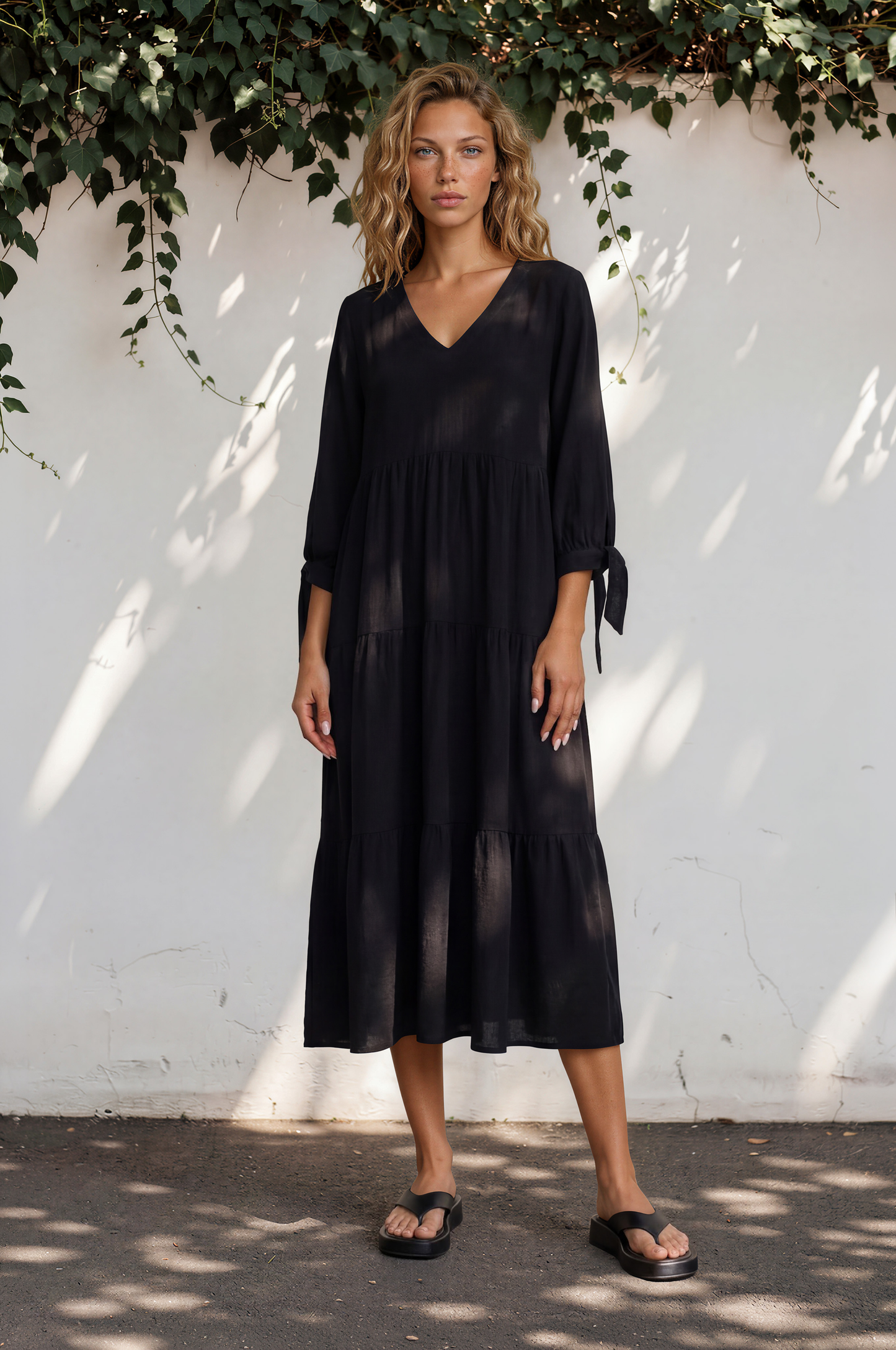 Elisabette Midi Dress - V-Neck Tiered Linen Dress with 3/4 Tie Cuff Sleeves in Black