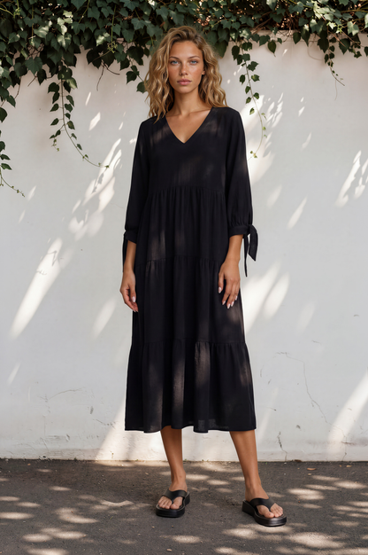 Elisabette Midi Dress - V-Neck Tiered Linen Dress with 3/4 Tie Cuff Sleeves in Black