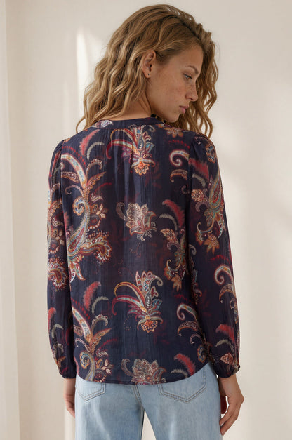 Azalia Blouse - Mandarin Collar Button Down with Balloon Sleeves in Chateau Print
