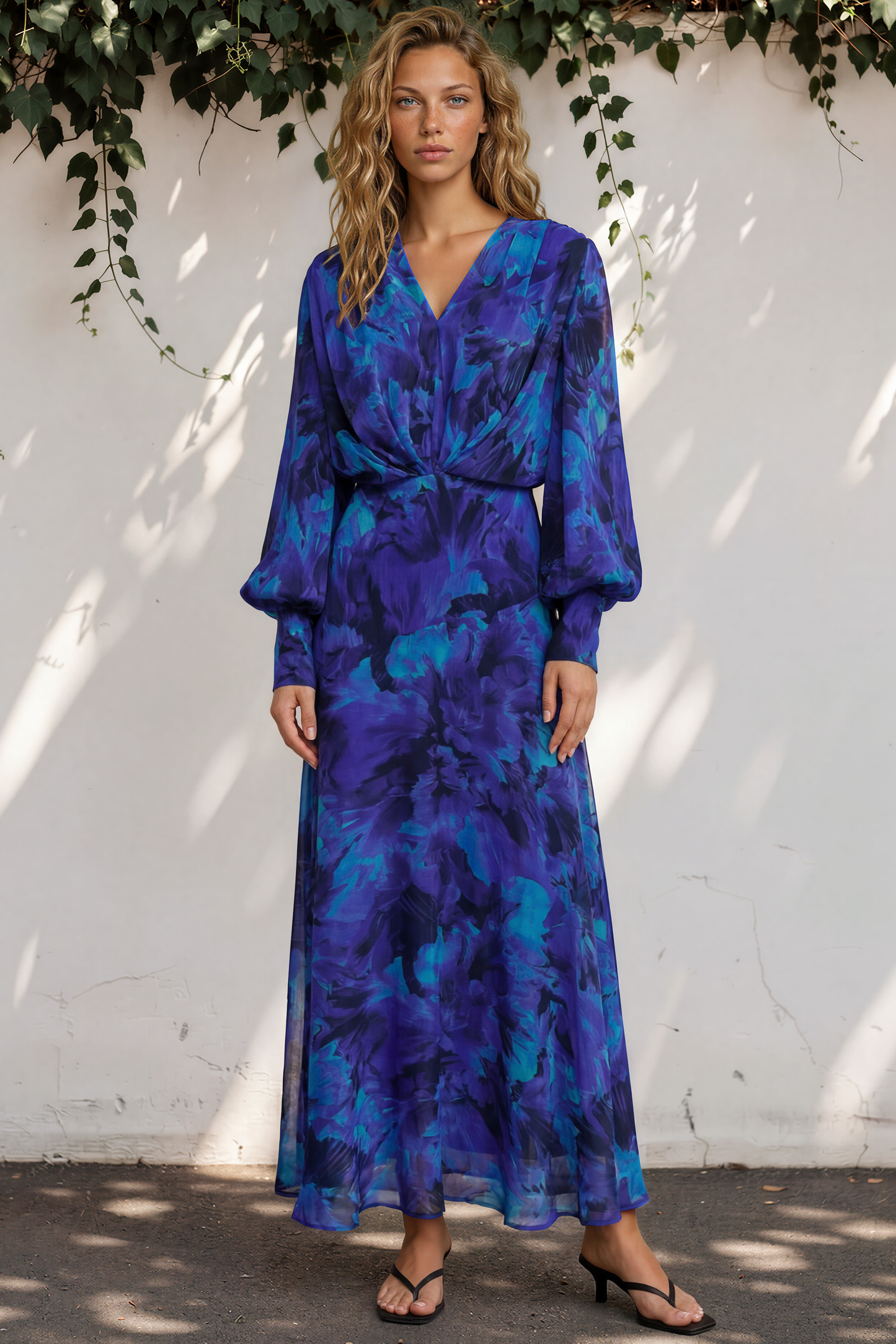 Azura Maxi Dress - V-Neckline Dress with Long Shirred Sleeves in Bluebell Print