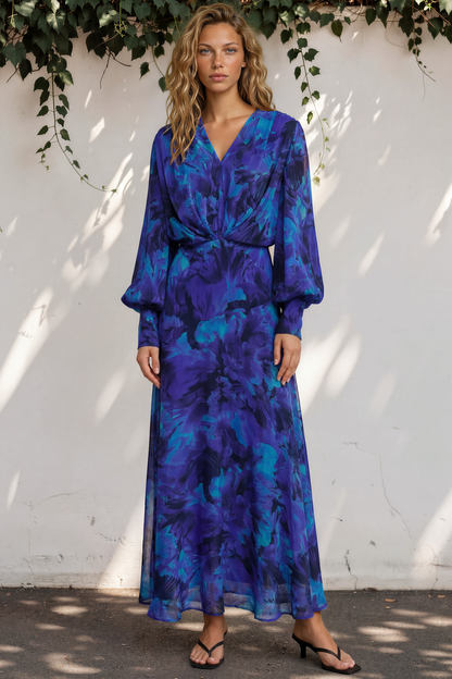 Azura Maxi Dress - V-Neckline Dress with Long Shirred Sleeves in Bluebell Print
