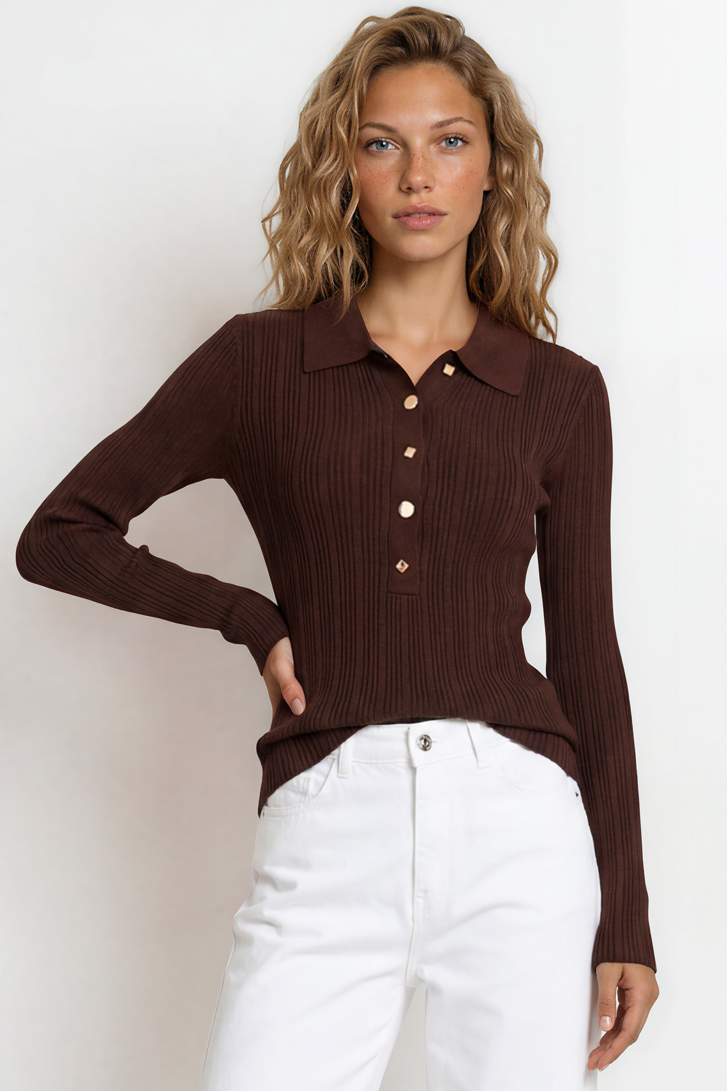 Alexander Knit Top - Ribbed Knit Top with long fitted Sleeves Brown