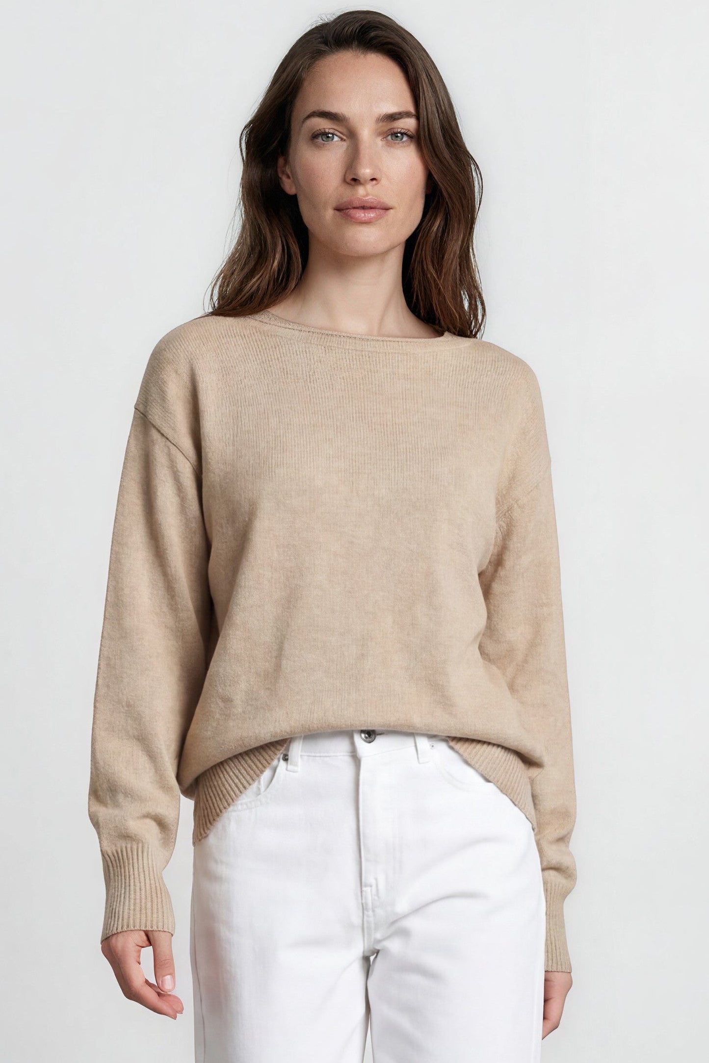 Willow Jumper - Crew Neck Batwing Sleeve Ribbed Step Hemline Knit in Mocha