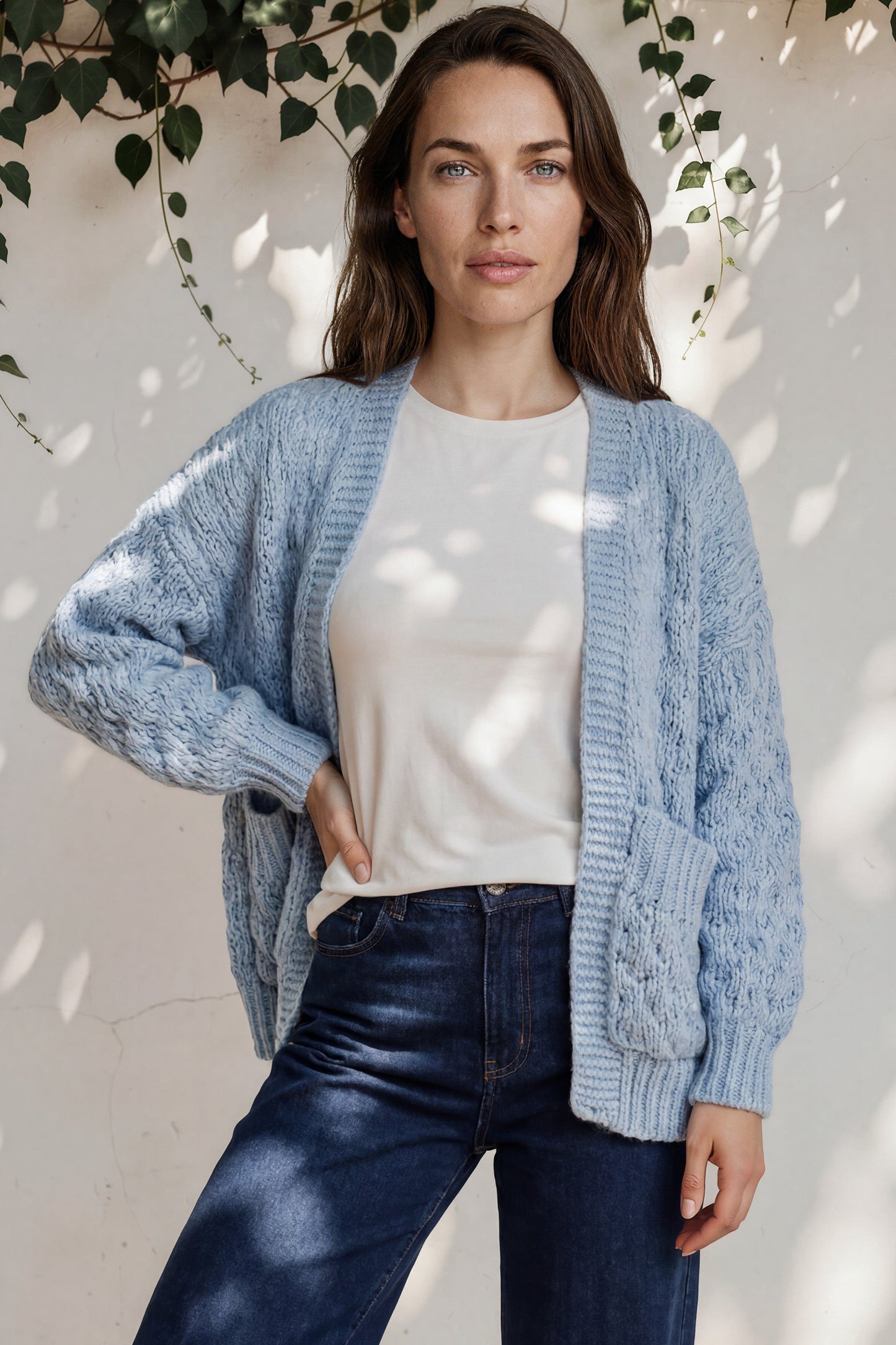 Manny Cardigan - Chunky Open Cropped Cable Knit with Rib Knit Trims and Pockets in Blue