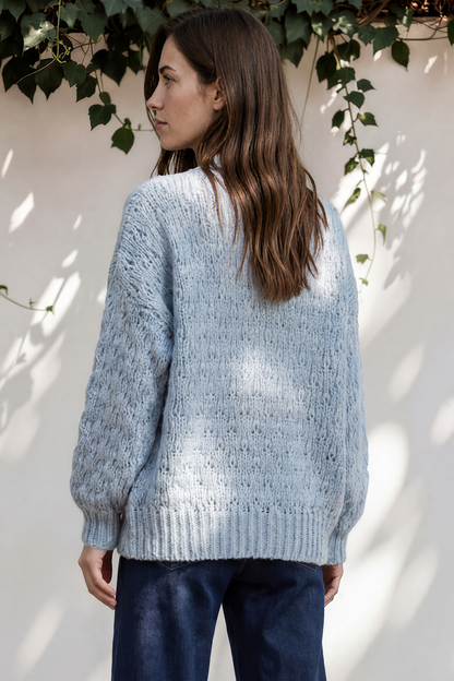 Manny Cardigan - Chunky Open Cropped Cable Knit with Rib Knit Trims and Pockets in Blue
