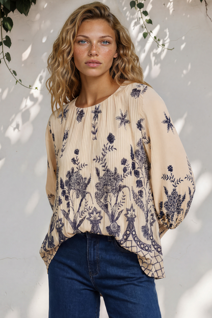 Gelina Top - Crew Neck Pleated High Low Pull Over with Balloon Sleeves in Gerry Print Beige