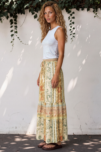 Zia Maxi Skirt - High Waisted Skirt with Tassel Waist Tie and Front Splits in Lyla Print