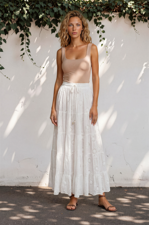 Blanche Maxi Skirt - Hollow out Embroidered Skirt in White