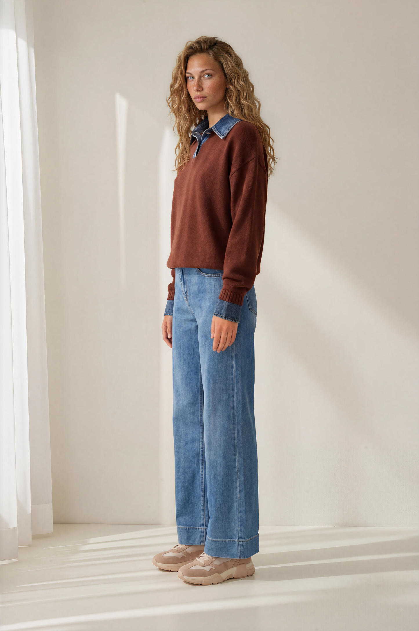 Maddie Jumper - Denim Wing Collar and Cuff Knit Pullover in Chocolate