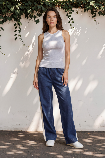 Jakoda Jeans - Elasticated High Waisted Denim Pants with Contrast Stripe in Dark Denim