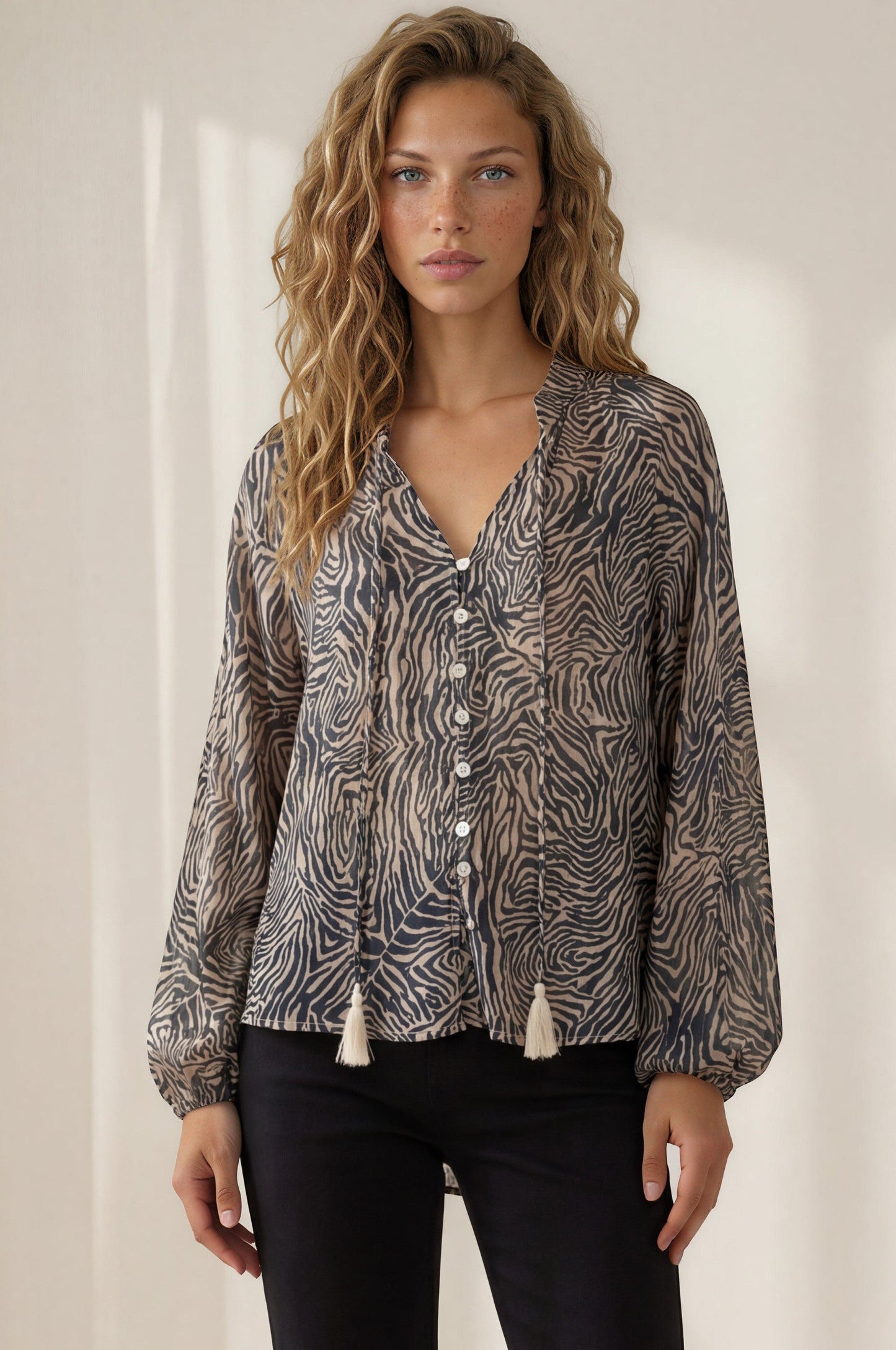 Sergio Blouse - Mandarin Collar Button Down Blouse with Balloon Sleeves in Zebresse Print