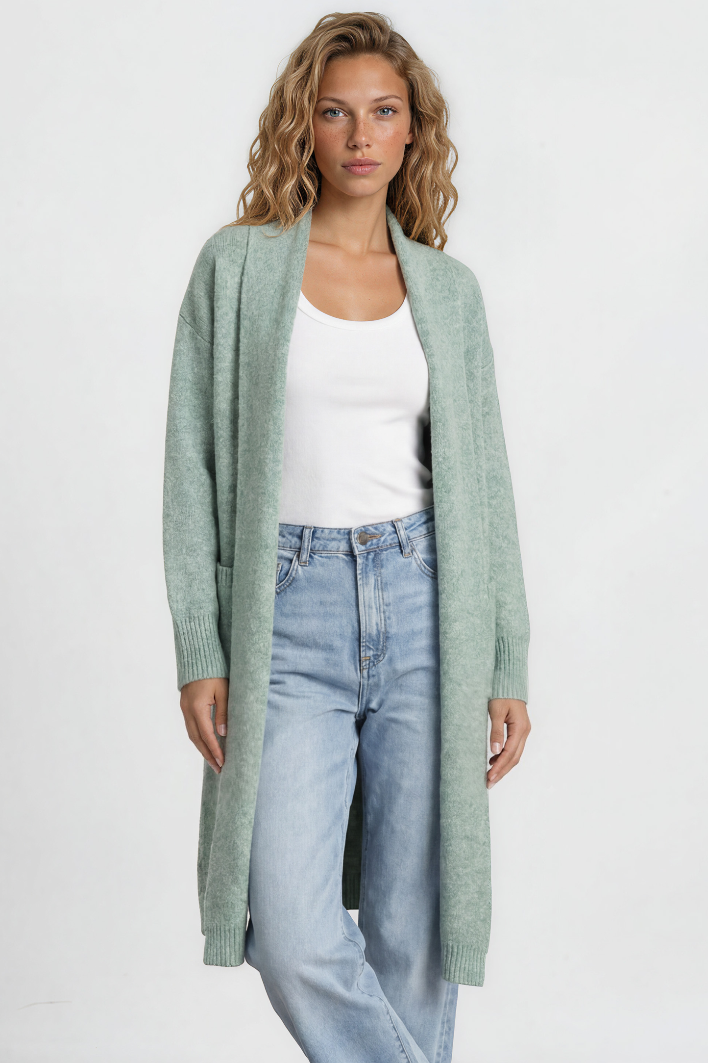 Crimson Cardigan - Ribbed Longline Knit with Long Sleeves Green