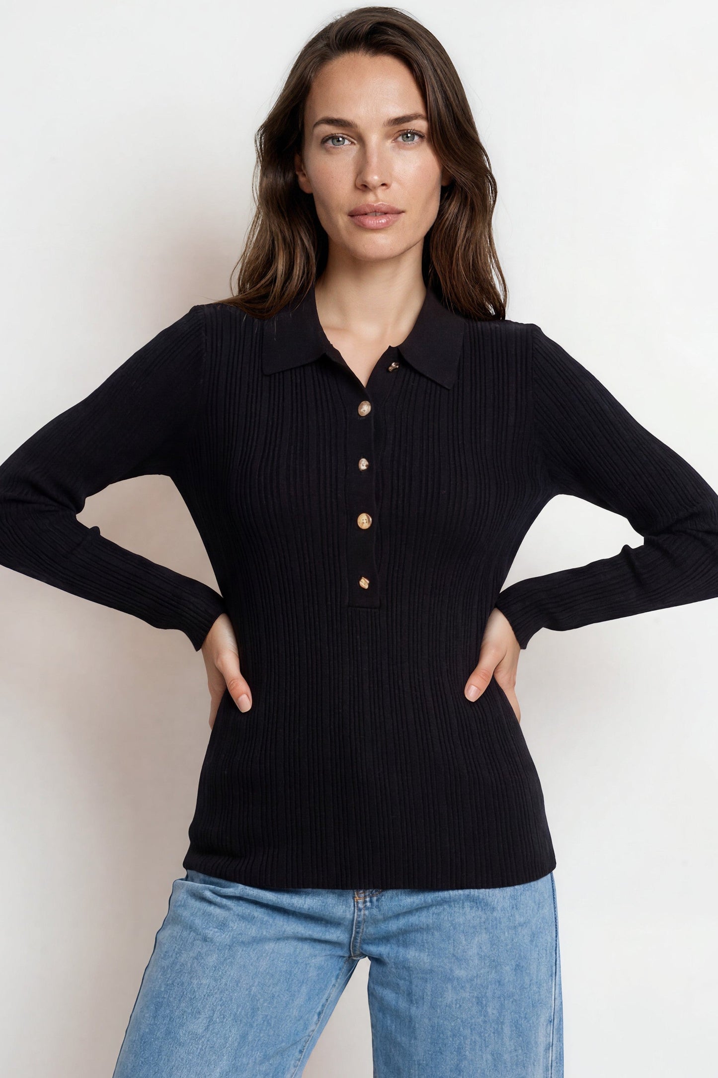 Alexander Knit Top - Ribbed Knit Top with long fitted Sleeves Black