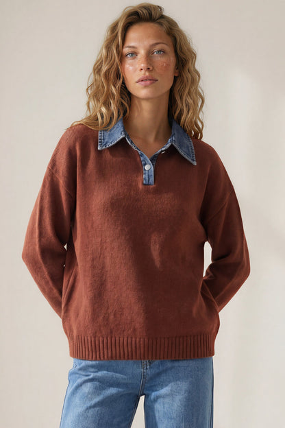 Maddie Jumper - Denim Wing Collar and Cuff Knit Pullover in Chocolate