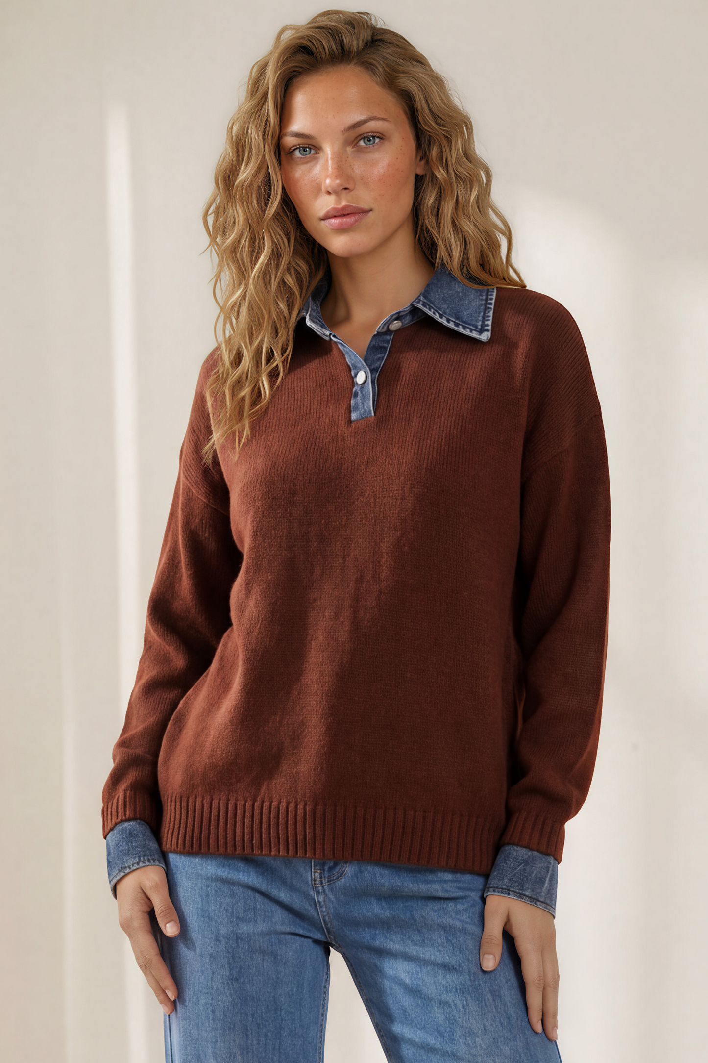 Maddie Jumper - Denim Wing Collar and Cuff Knit Pullover in Chocolate