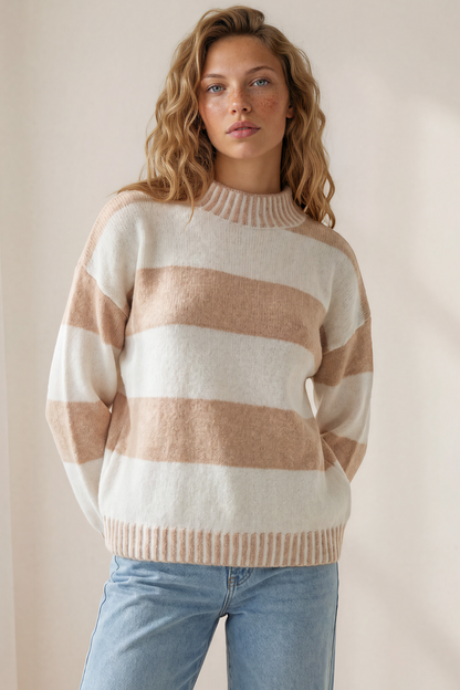 Janie Jumper - Mock Neck Striped Jumper with Contrast Stripe Hemlines in Cream
