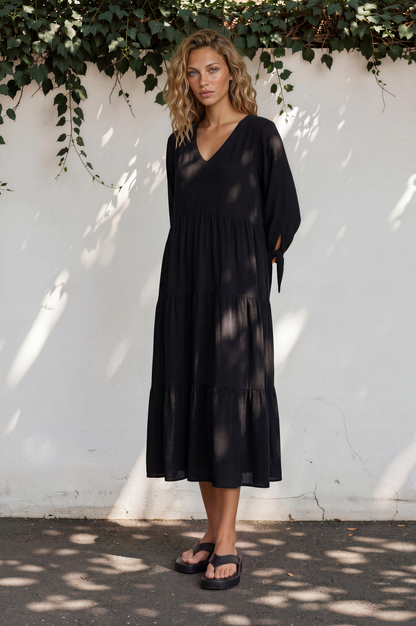 Elisabette Midi Dress - V-Neck Tiered Linen Dress with 3/4 Tie Cuff Sleeves in Black
