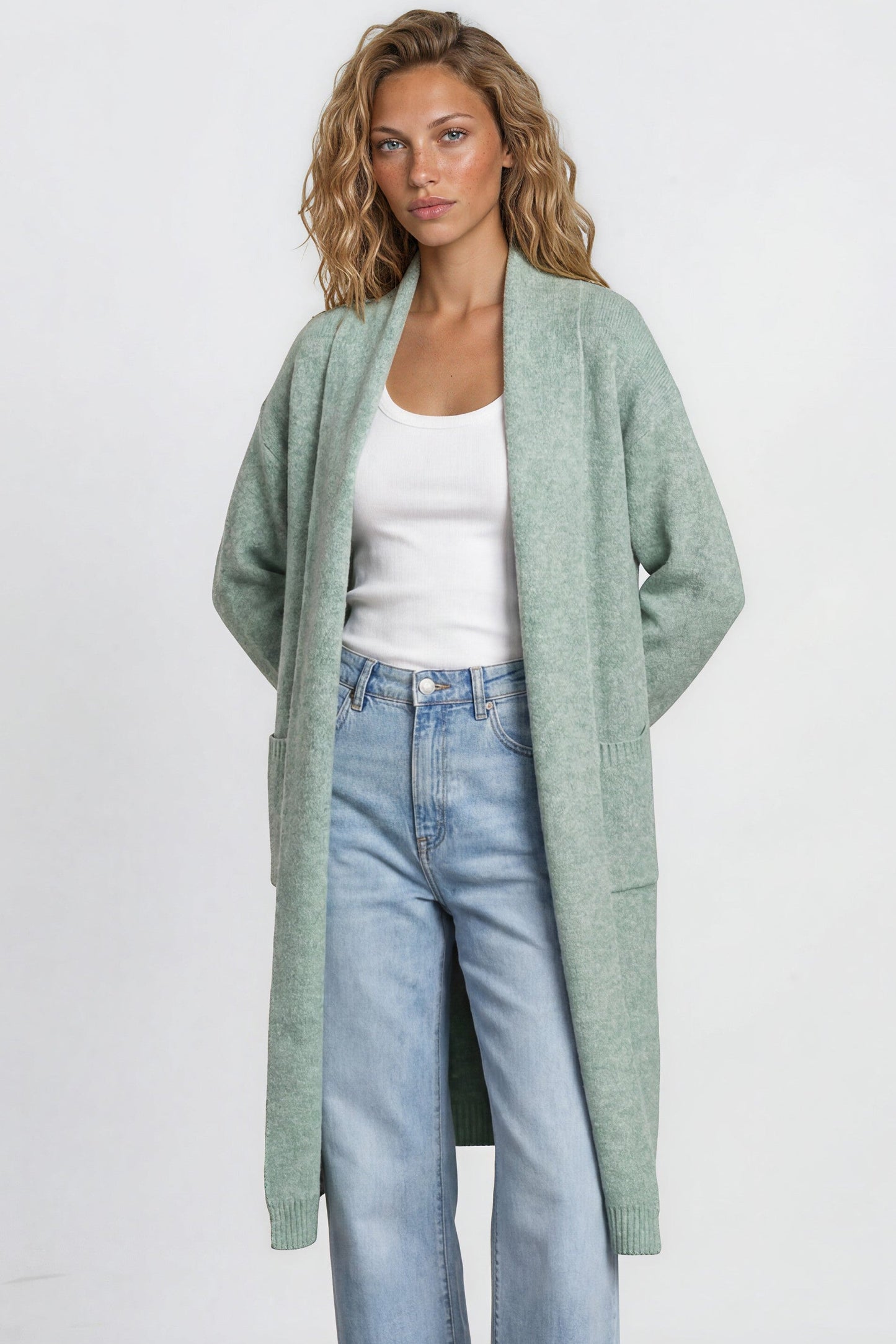 Crimson Cardigan - Ribbed Longline Knit with Long Sleeves Green