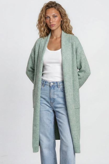 Crimson Cardigan - Ribbed Longline Knit with Long Sleeves Green