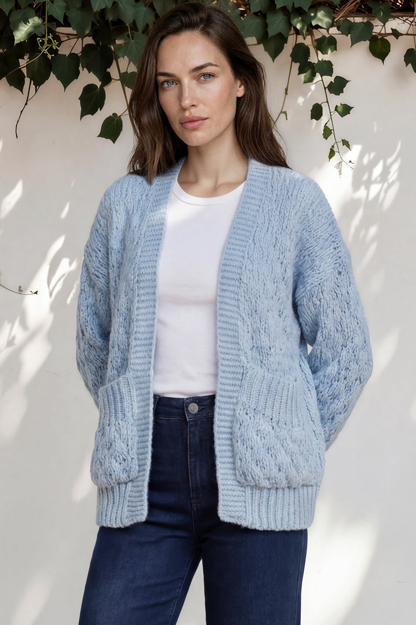 Manny Cardigan - Chunky Open Cropped Cable Knit with Rib Knit Trims and Pockets in Blue