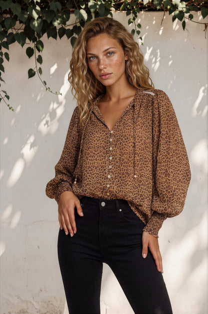 Violet Blouse - Frill Collar Button Down Balloon Sleeve Top in Wyatt Print