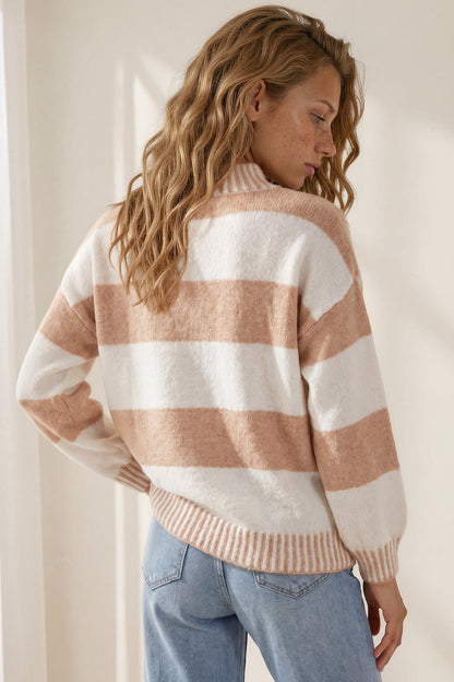 Janie Jumper - Mock Neck Striped Jumper with Contrast Stripe Hemlines in Cream