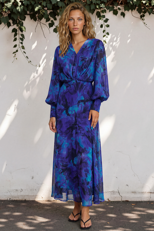Azura Maxi Dress - V-Neckline Dress with Long Shirred Sleeves in Bluebell Print