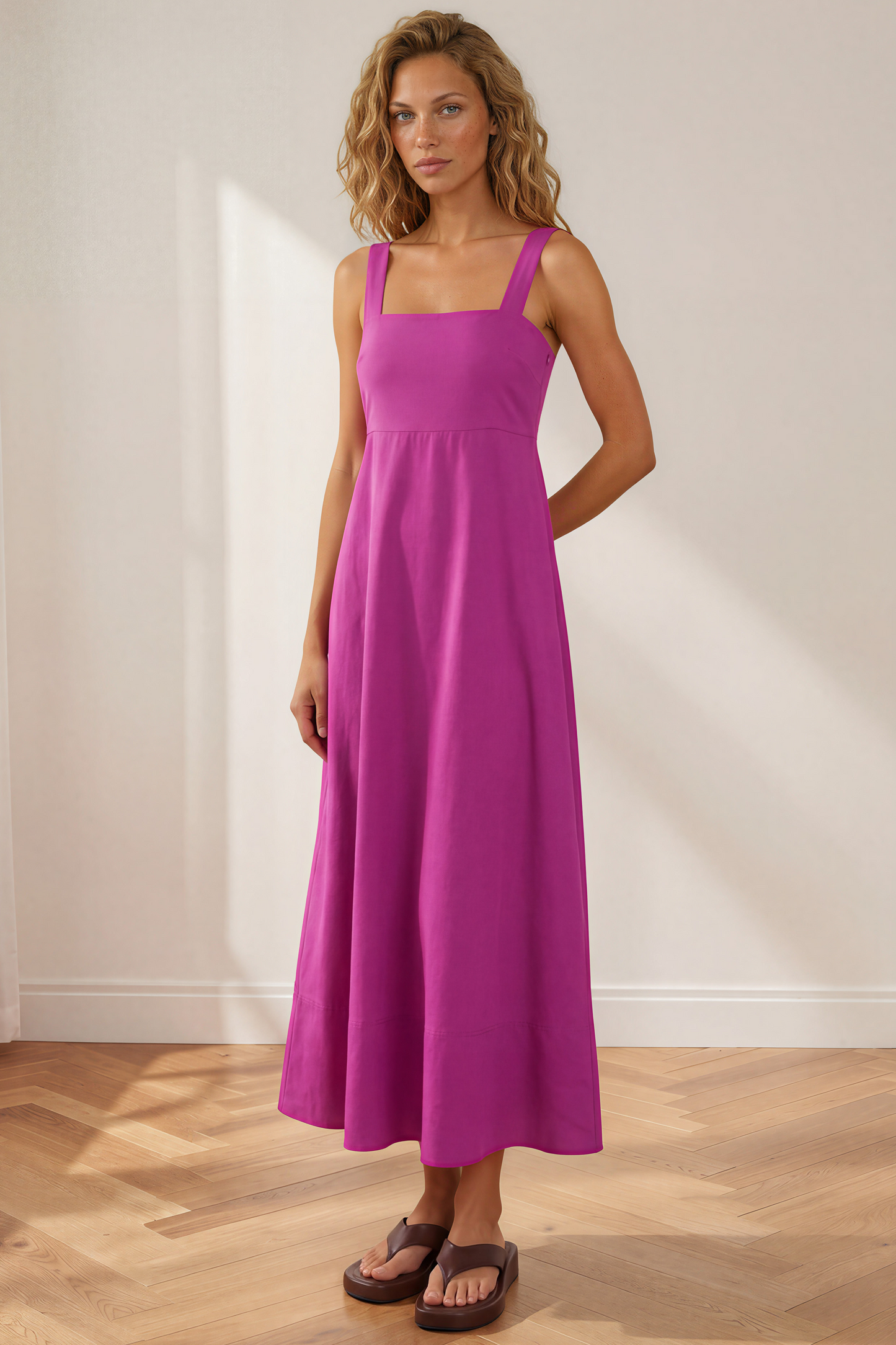 Faris Midi Dress - Tie Up Strap Cotton Sun Dress in Purple