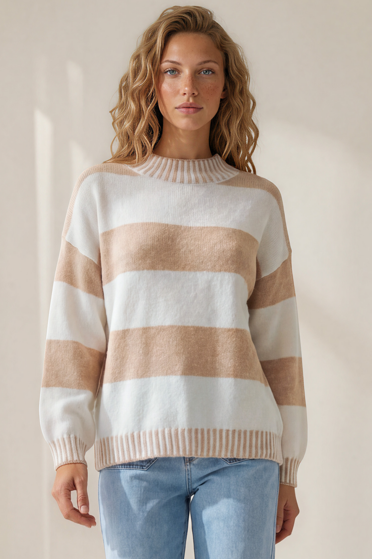 Janie Jumper - Mock Neck Striped Jumper with Contrast Stripe Hemlines in Cream