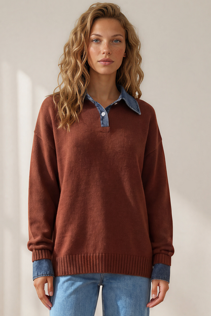 Maddie Jumper - Denim Wing Collar and Cuff Knit Pullover in Chocolate