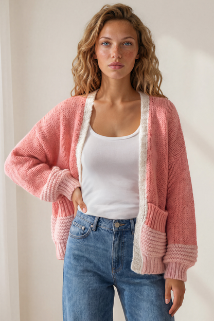Isa Cardigan - Colour Block Open Knit in Pink