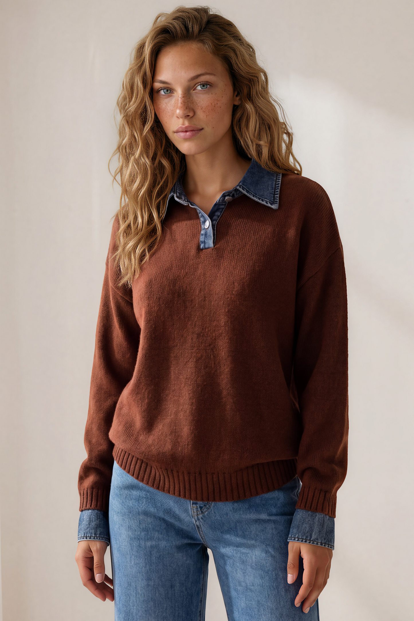 Maddie Jumper - Denim Wing Collar and Cuff Knit Pullover in Chocolate