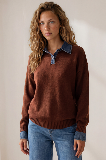 Maddie Jumper - Denim Wing Collar and Cuff Knit Pullover in Chocolate