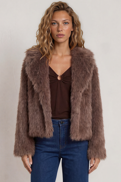 Letoile Coat - Notched Collar Faux Fur Jacket with Pockets in Mocha