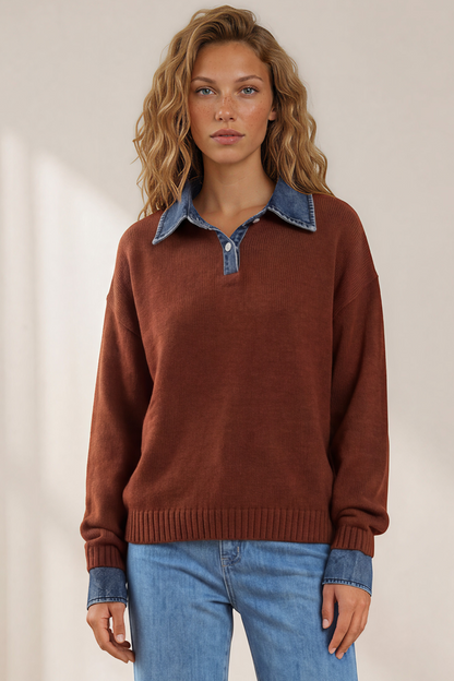 Maddie Jumper - Denim Wing Collar and Cuff Knit Pullover in Chocolate