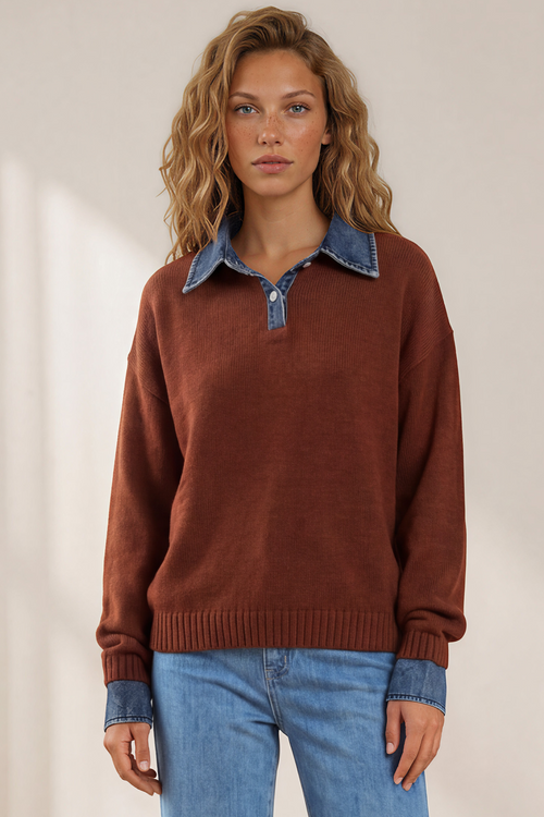 Maddie Jumper - Denim Wing Collar and Cuff Knit Pullover in Chocolate