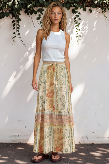 Zia Maxi Skirt - High Waisted Skirt with Tassel Waist Tie and Front Splits in Lyla Print