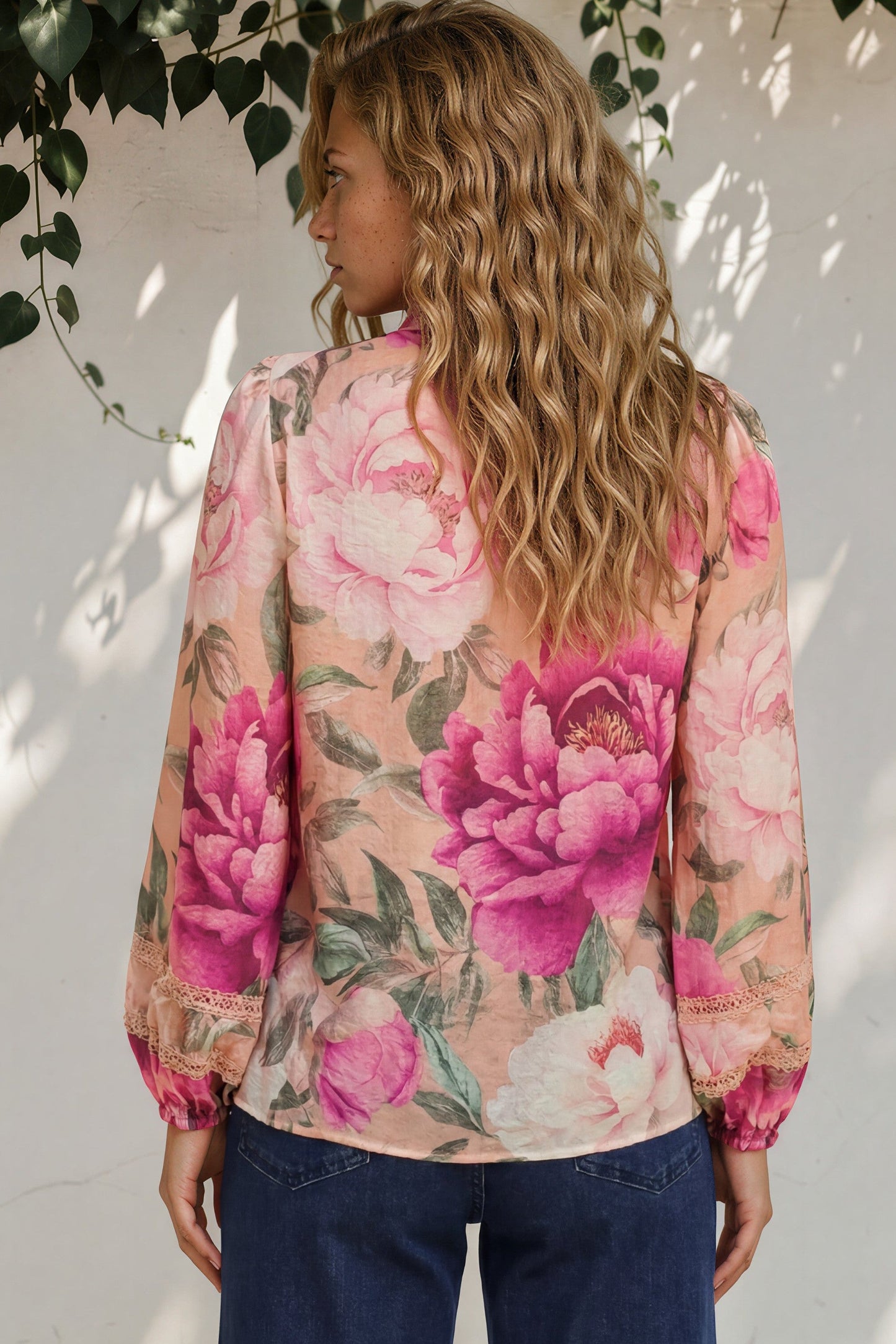 Diandra Blouse - Lace Trim Mandarin Collar Button Down with Balloon Sleeves in Tiana Print Pink