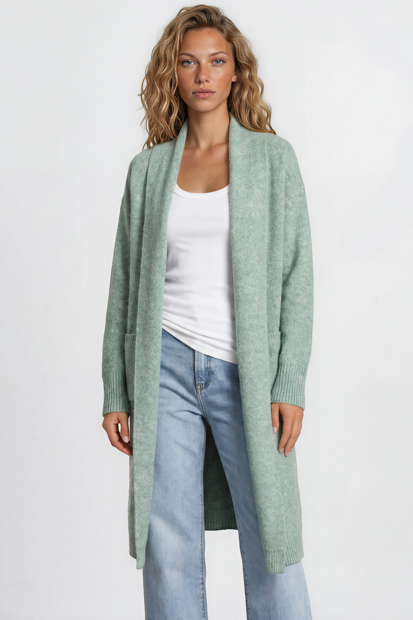 Crimson Cardigan - Ribbed Longline Knit with Long Sleeves Green