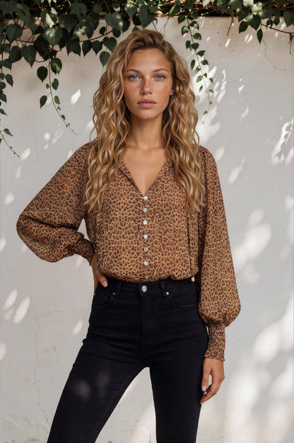 Violet Blouse - Frill Collar Button Down Balloon Sleeve Top in Wyatt Print