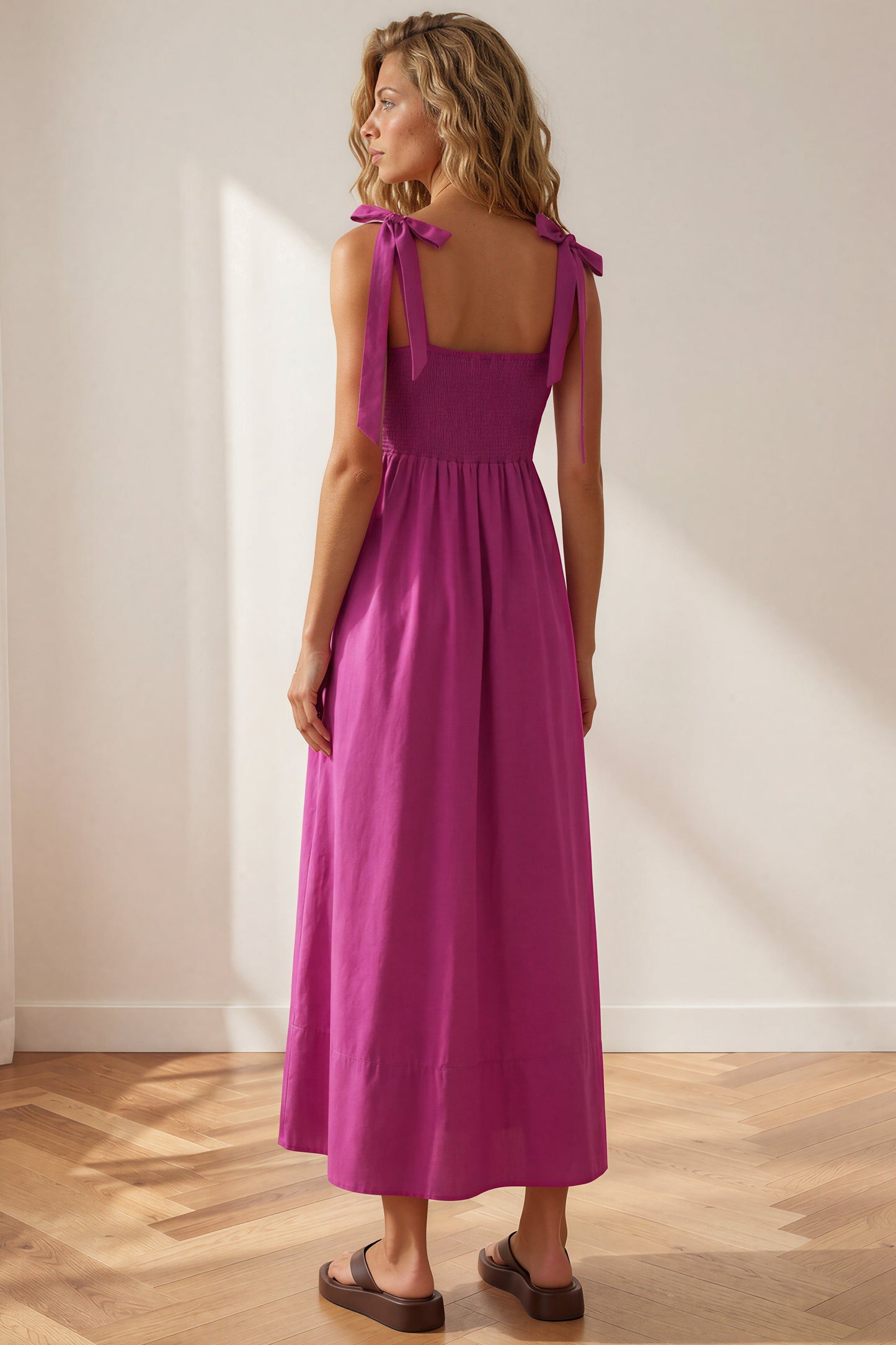 Faris Midi Dress - Tie Up Strap Cotton Sun Dress in Purple
