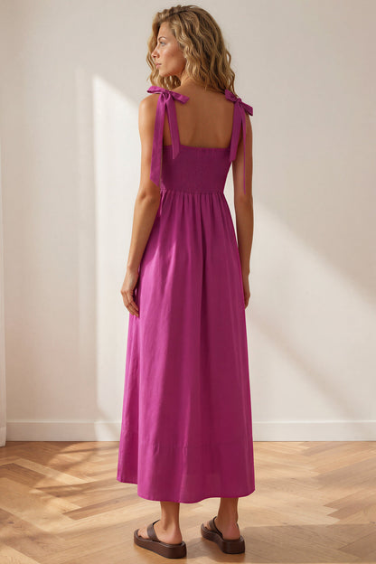 Faris Midi Dress - Tie Up Strap Cotton Sun Dress in Purple