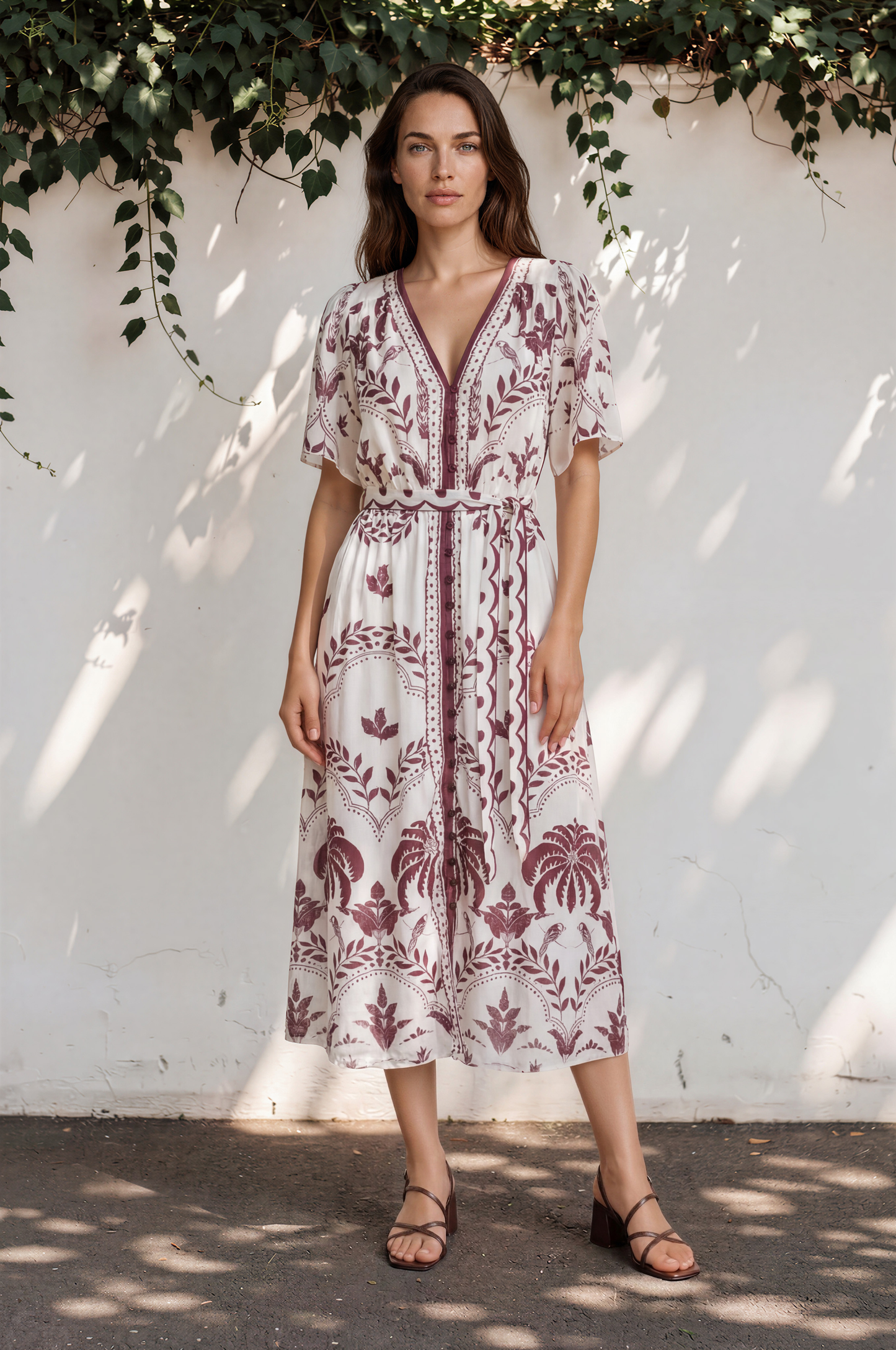 Kaitlyn Midi Dress - V-Neckline Dress with Short Flutter Sleeves in  Maisy Print Wine