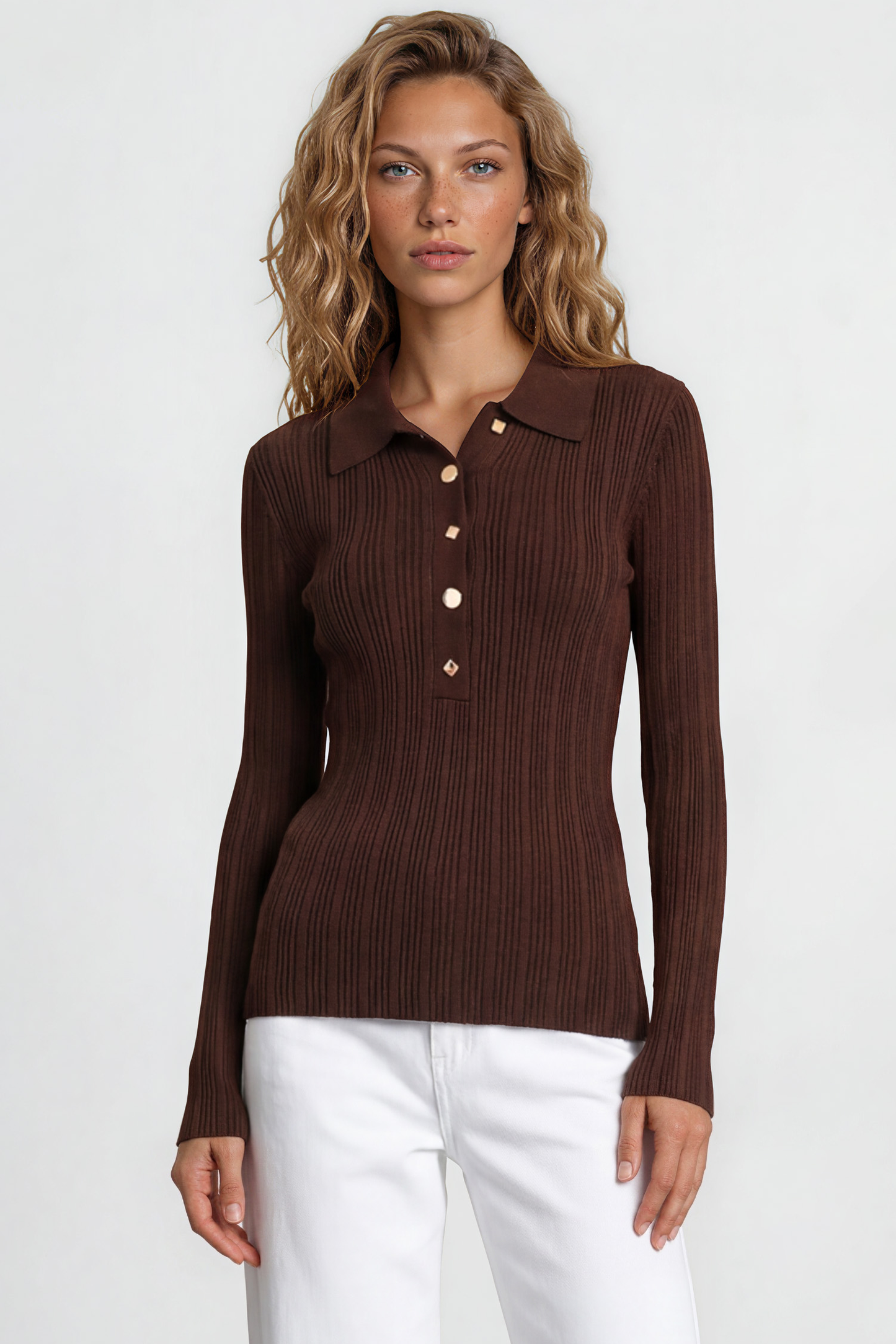 Alexander Knit Top - Ribbed Knit Top with long fitted Sleeves Brown