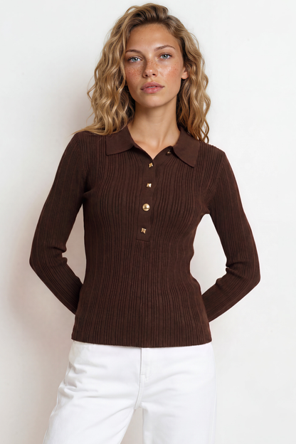 Alexander Knit Top - Ribbed Knit Top with long fitted Sleeves Brown