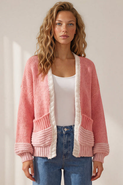 Isa Cardigan - Colour Block Open Knit in Pink