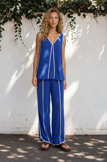 Danica Set - Contrast Piping Detailed Pants and Sleeveless Top in Cobalt